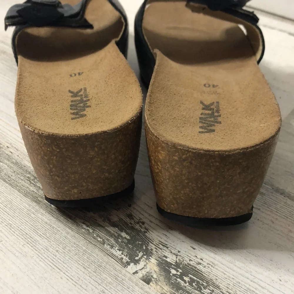 Walk Melluso Cork Wedge Black Flower Wedges Sandals 40